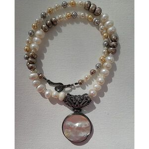 Fresh Water Pearl Necklace Mother of Pearl Pendant Sterling Silver Filigree